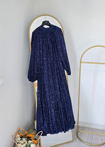 Parlak Lacivert Pilili Uzun Abiye Elbise - Görsel 3