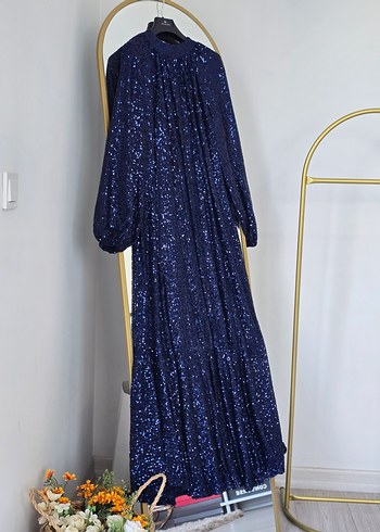 Parlak Lacivert Pilili Uzun Abiye Elbise - Görsel 9