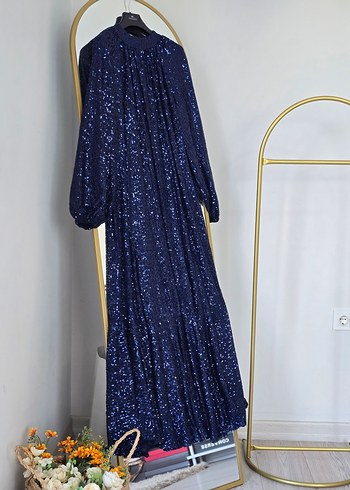 Parlak Lacivert Pilili Uzun Abiye Elbise - Görsel 5