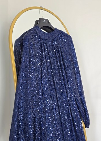 Parlak Lacivert Pilili Uzun Abiye Elbise - Görsel 6