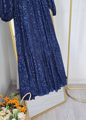 Parlak Lacivert Pilili Uzun Abiye Elbise - Görsel 10