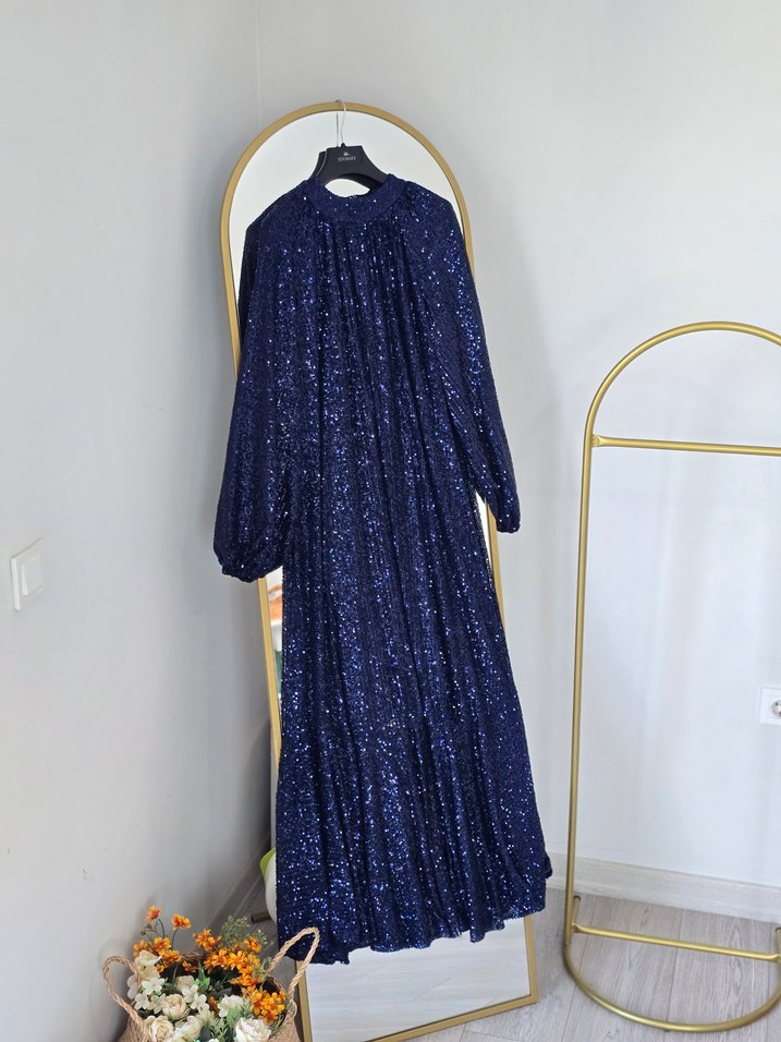 Parlak Lacivert Pilili Uzun Abiye Elbise - Görsel 3