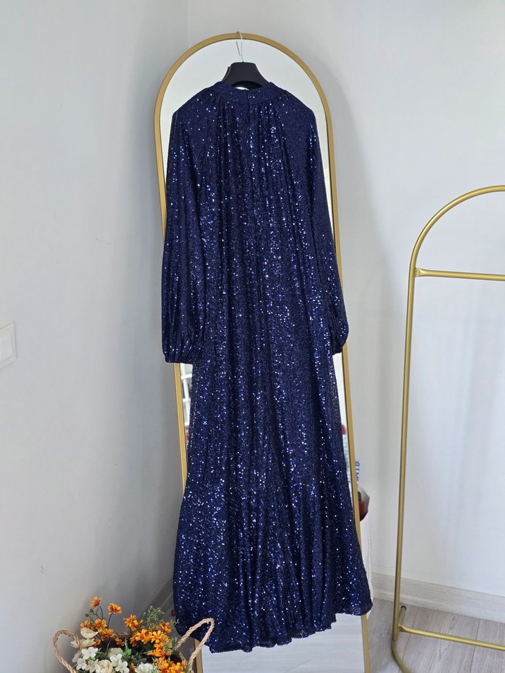 Parlak Lacivert Pilili Uzun Abiye Elbise - Görsel 4