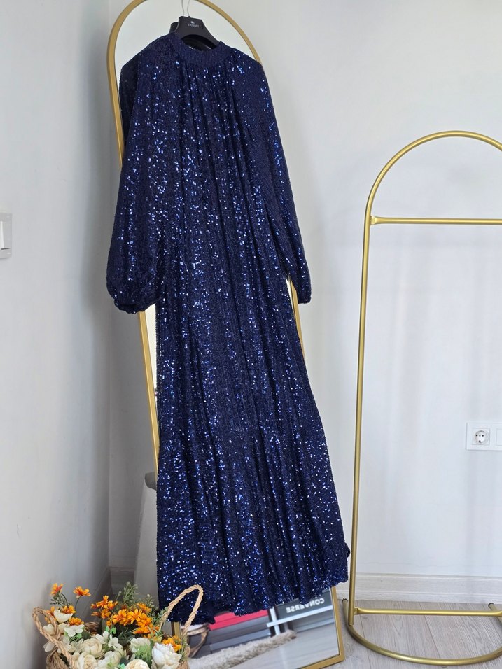 Parlak Lacivert Pilili Uzun Abiye Elbise - Görsel 5