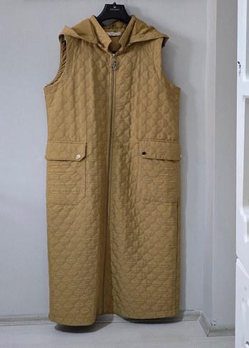 Kapüşonlu Uzun Bej Kadın Yelek - Görsel 4