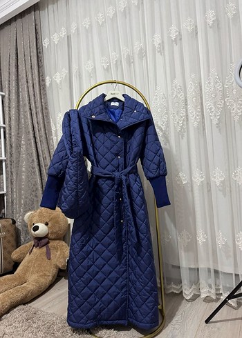 çantalı Lacivert Uzun Kadın mont - Görsel 5