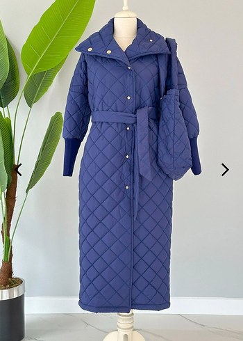 çantalı Lacivert Uzun Kadın mont - Görsel 10