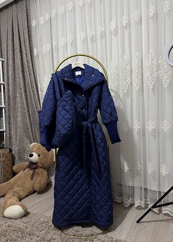 çantalı Lacivert Uzun Kadın mont - Görsel 6