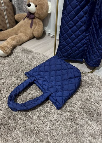 çantalı Lacivert Uzun Kadın mont - Görsel 8