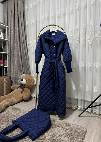 çantalı Lacivert Uzun Kadın mont - Görsel 2