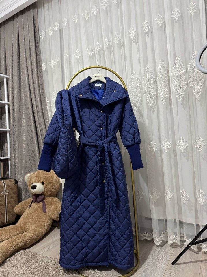 çantalı Lacivert Uzun Kadın mont - Görsel 5