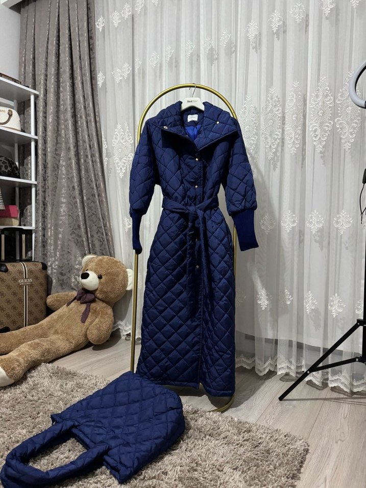 çantalı Lacivert Uzun Kadın mont - Görsel 2