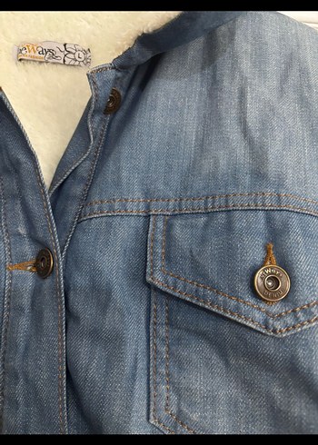 Düğmeli Uzun Mavi Denim Kadın Ceket kaban - Görsel 3