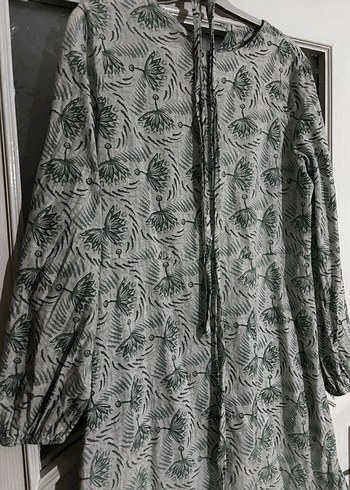 Uzun Kollu Gri YılanDesenli Bohem KETEN Elbise - Görsel 2