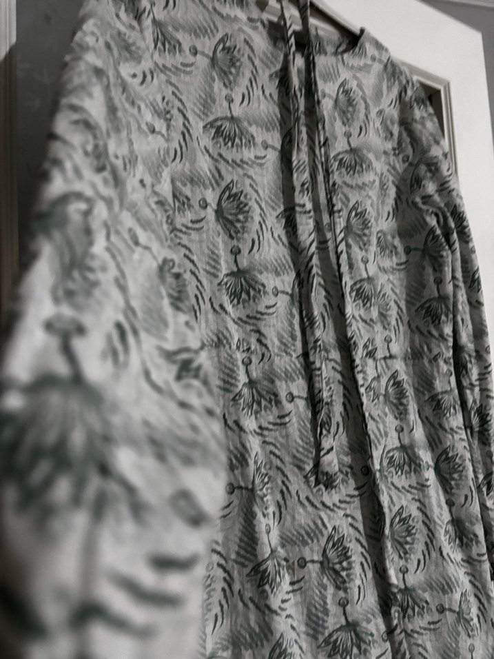 Uzun Kollu Gri YılanDesenli Bohem KETEN Elbise - Görsel 5