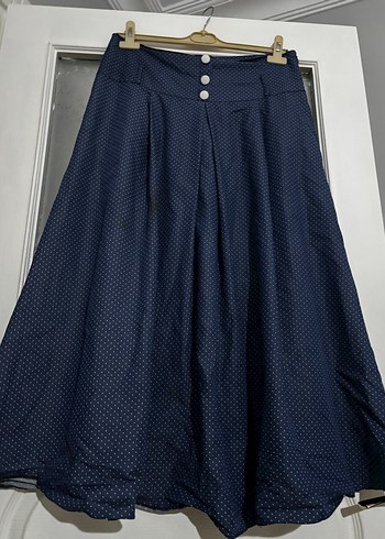 Lacivert Pileli Midi Kot Etek - Görsel 7