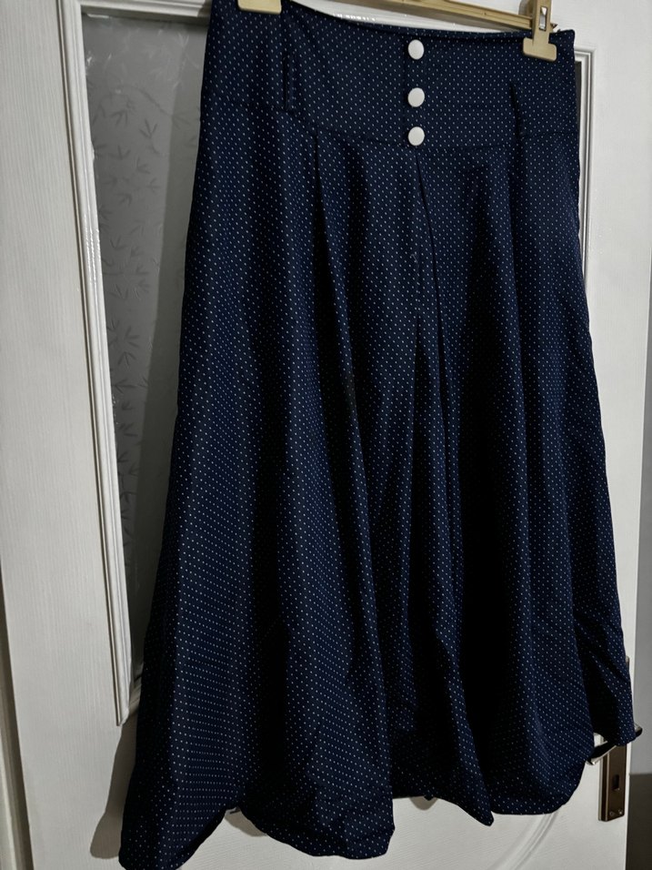 Lacivert Pileli Midi Kot Etek - Görsel 3