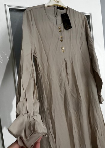 Bej Uzun Keten Kadın Elbise - Görsel 4