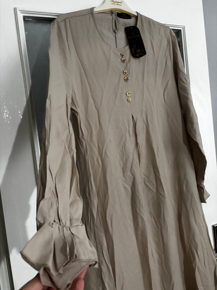 Bej Uzun Keten Kadın Elbise - Görsel 4