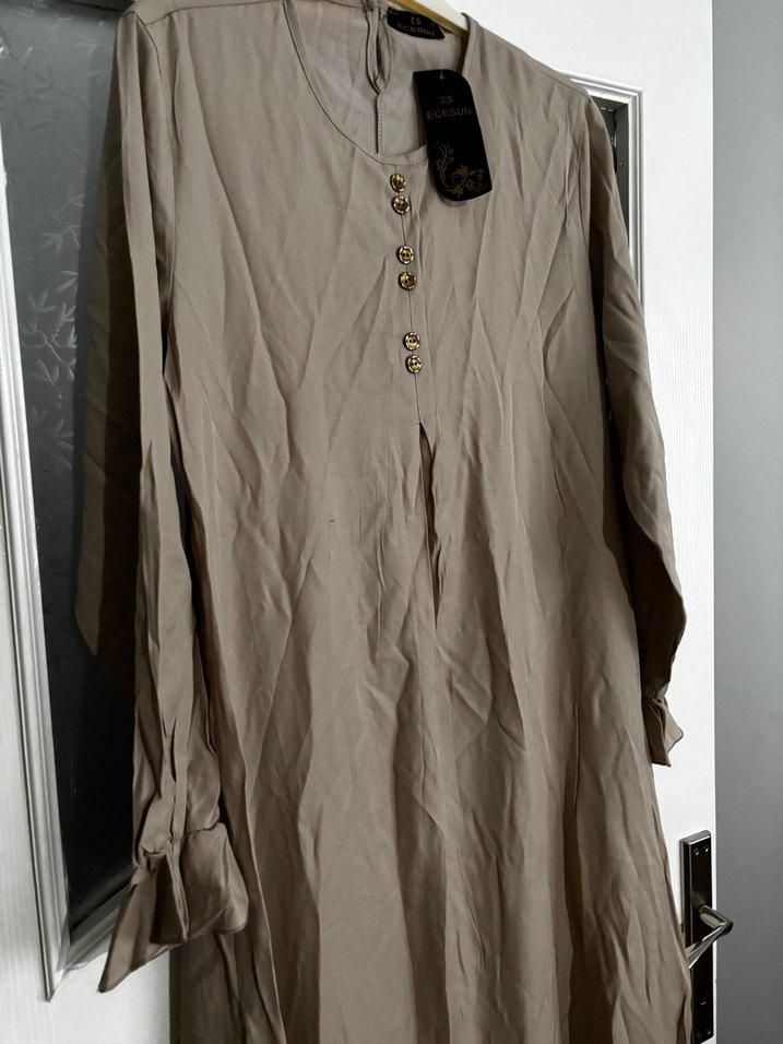 Bej Uzun Keten Kadın Elbise - Görsel 5