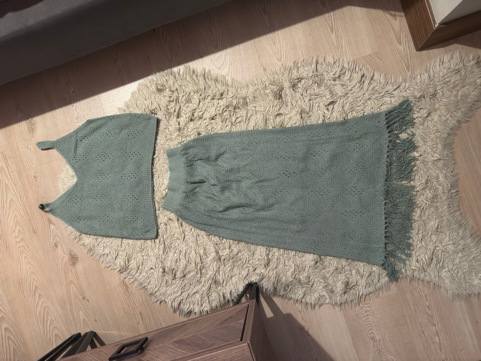 Yeşil Bohem Tarzı Triko etek bluz takım - Görsel 2