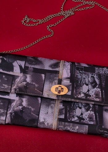 Desenli Gri Kadın Zincirli Clutch Çanta