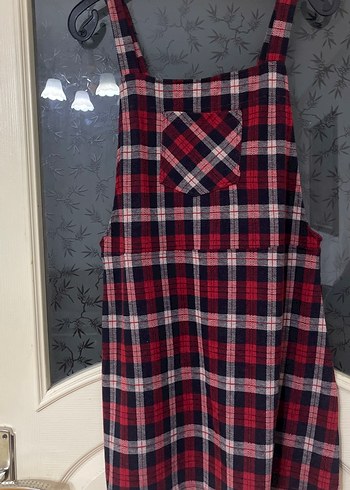 Kadın Kırmızı Kareli Askılı Mini Tulum - Görsel 2