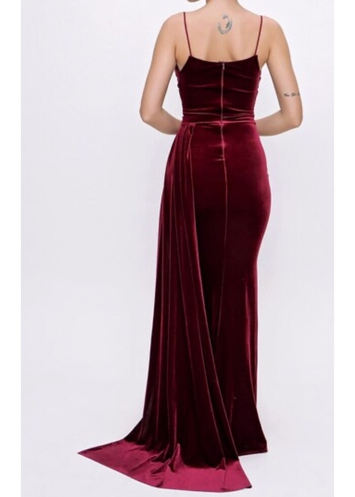 Bordo Kadife Yırtmaç Elbise - Görsel 4