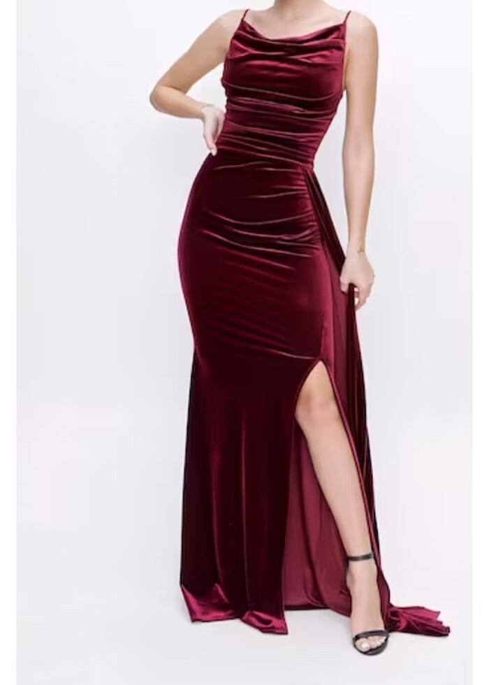 Bordo Kadife Yırtmaç Elbise - Görsel 3