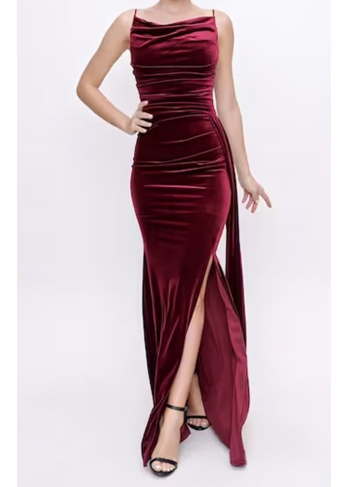 Bordo Kadife Yırtmaç Elbise - Görsel 2