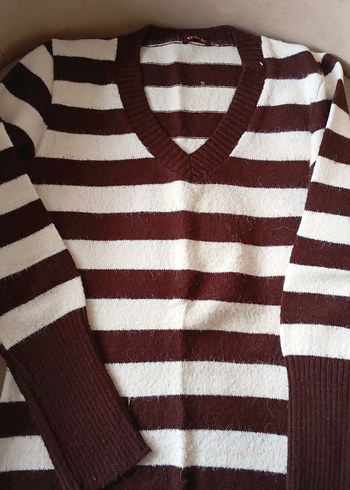 Kadın Çizgili Triko Kazak - Görsel 2