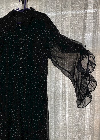 Uzun Kollu Puantiyeli Siyah şifon uzun Elbise - Görsel 3