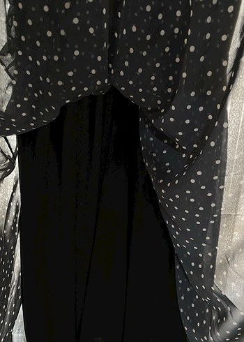 Uzun Kollu Puantiyeli Siyah şifon uzun Elbise - Görsel 6