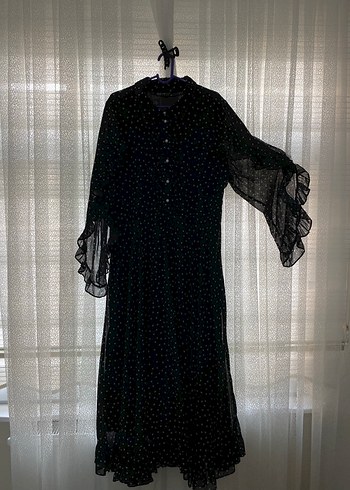 Uzun Kollu Puantiyeli Siyah şifon uzun Elbise - Görsel 2