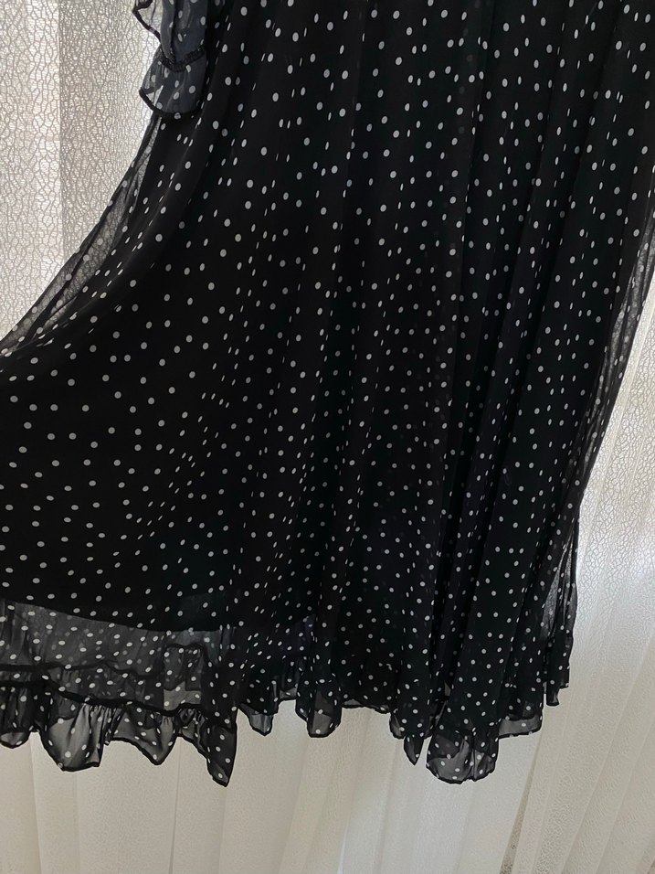 Uzun Kollu Puantiyeli Siyah şifon uzun Elbise - Görsel 4