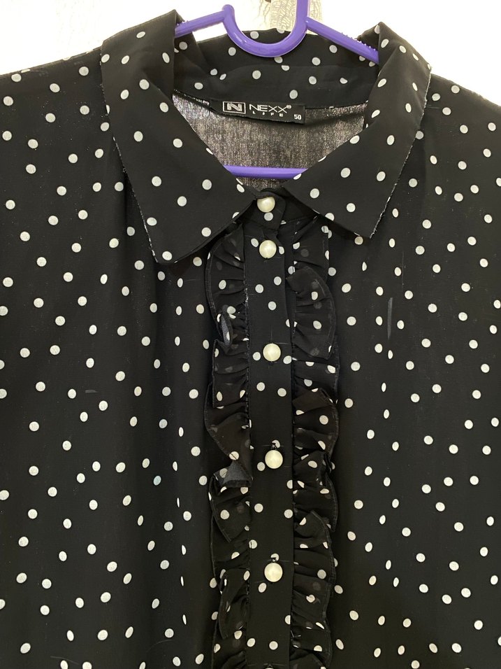 Uzun Kollu Puantiyeli Siyah şifon uzun Elbise - Görsel 5