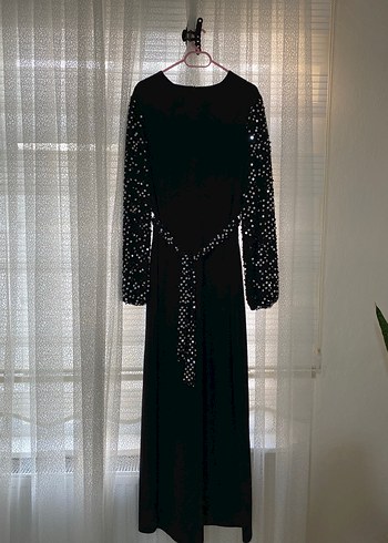 Payetli İşlemeli Siyah Uzun Abiye Elbise - Görsel 2