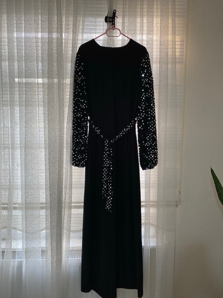 Payetli İşlemeli Siyah Uzun Abiye Elbise - Görsel 2