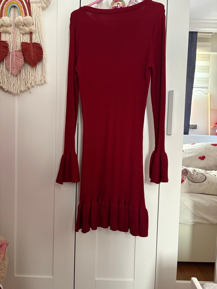 Bordo Uzun Kollu Triko Midi Elbise - Görsel 2