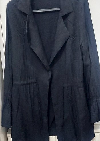 Kadın Siyah Midi Keten Ceket - Görsel 2