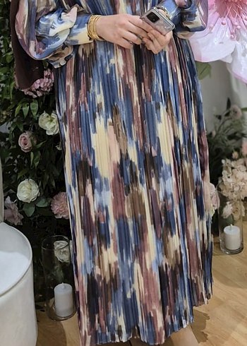 Kadın Çok Renkli Piliseli Uzun Elbise - Görsel 2