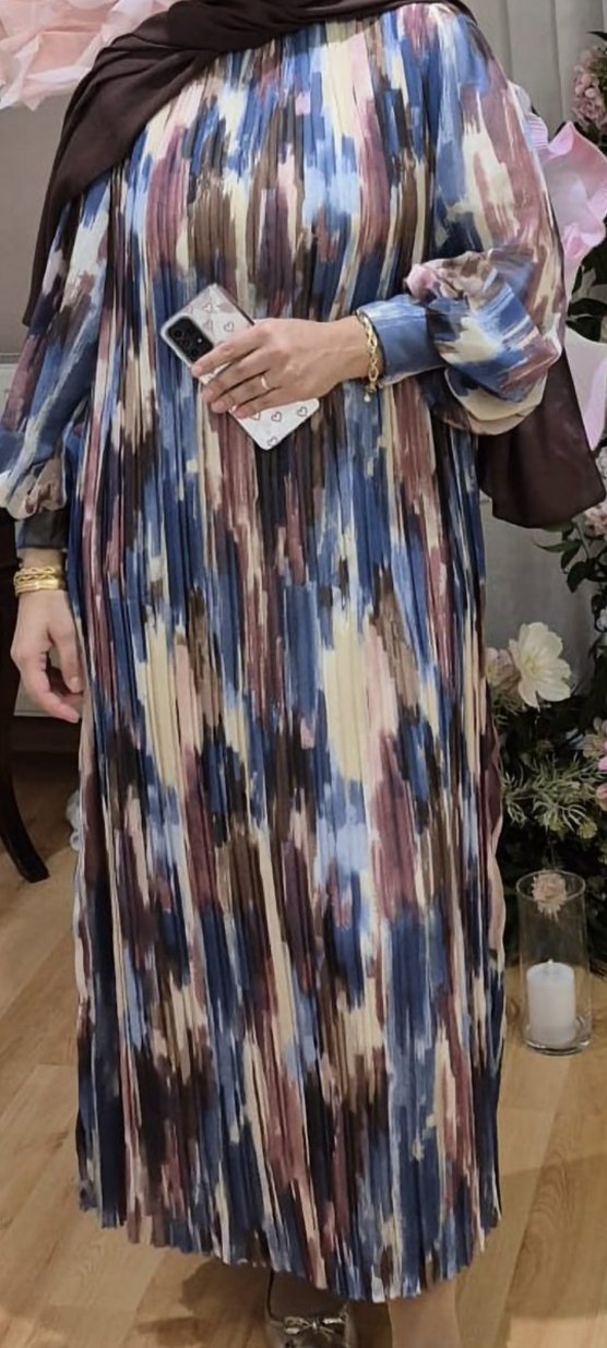 Kadın Çok Renkli Piliseli Uzun Elbise - Görsel 3