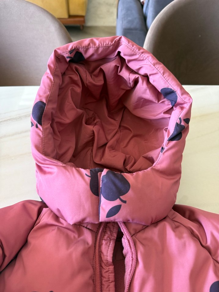 Kız Çocuk Elma Desenli Kapüşonlu Mont - Görsel 3