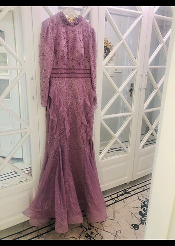 Mor Vintage Nakışlı Uzun Kollu Abiye Elbise - Görsel 2