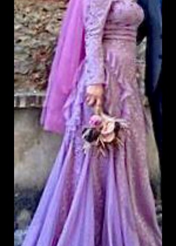 Mor Vintage Nakışlı Uzun Kollu Abiye Elbise - Görsel 3