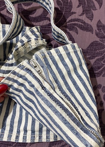 Kadın Denim Çizgili Crop Top - Görsel 2