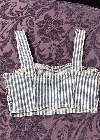 Kadın Denim Çizgili Crop Top - Görsel 3