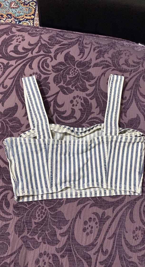 Kadın Denim Çizgili Crop Top - Görsel 3