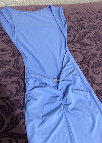 Mavi Drapeli Uzun Straplez Elbise - Görsel 2