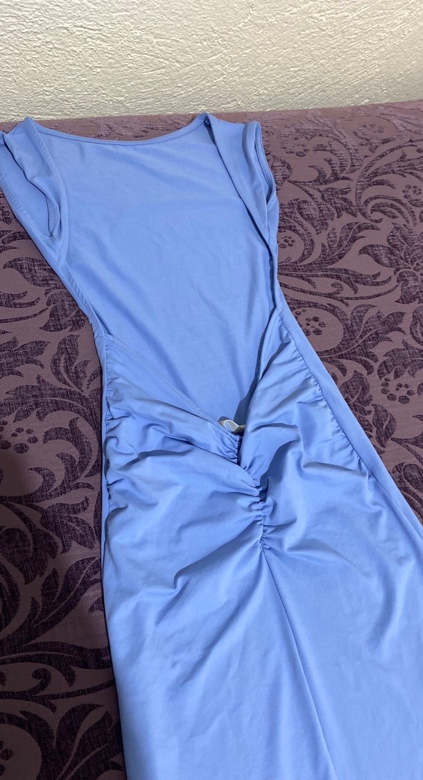 Mavi Drapeli Uzun Straplez Elbise - Görsel 2